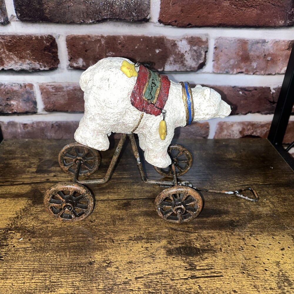 Vintage Rustic Holiday Christmas Polar Bear Wagon Figurine On Wheels